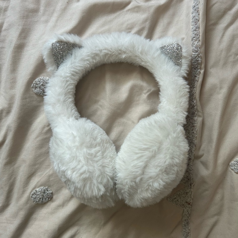 Fluffy White and Silver Cat Ear Muffs